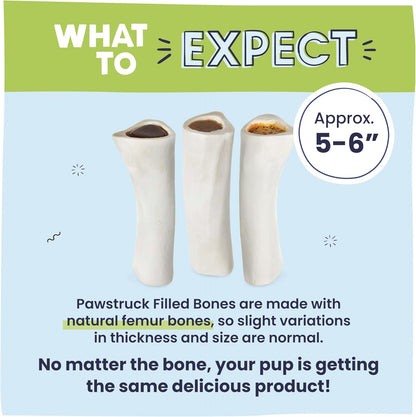 Pawstruck Large 5-6” Filled Dog Bones Variety Pack - Peanut Butter, Cheese & Bacon, Beef Flavors - Made in USA, Long Lasting Stuffed Femur Treat for Aggressive Chewers - Pack of 3, Packaging May Vary