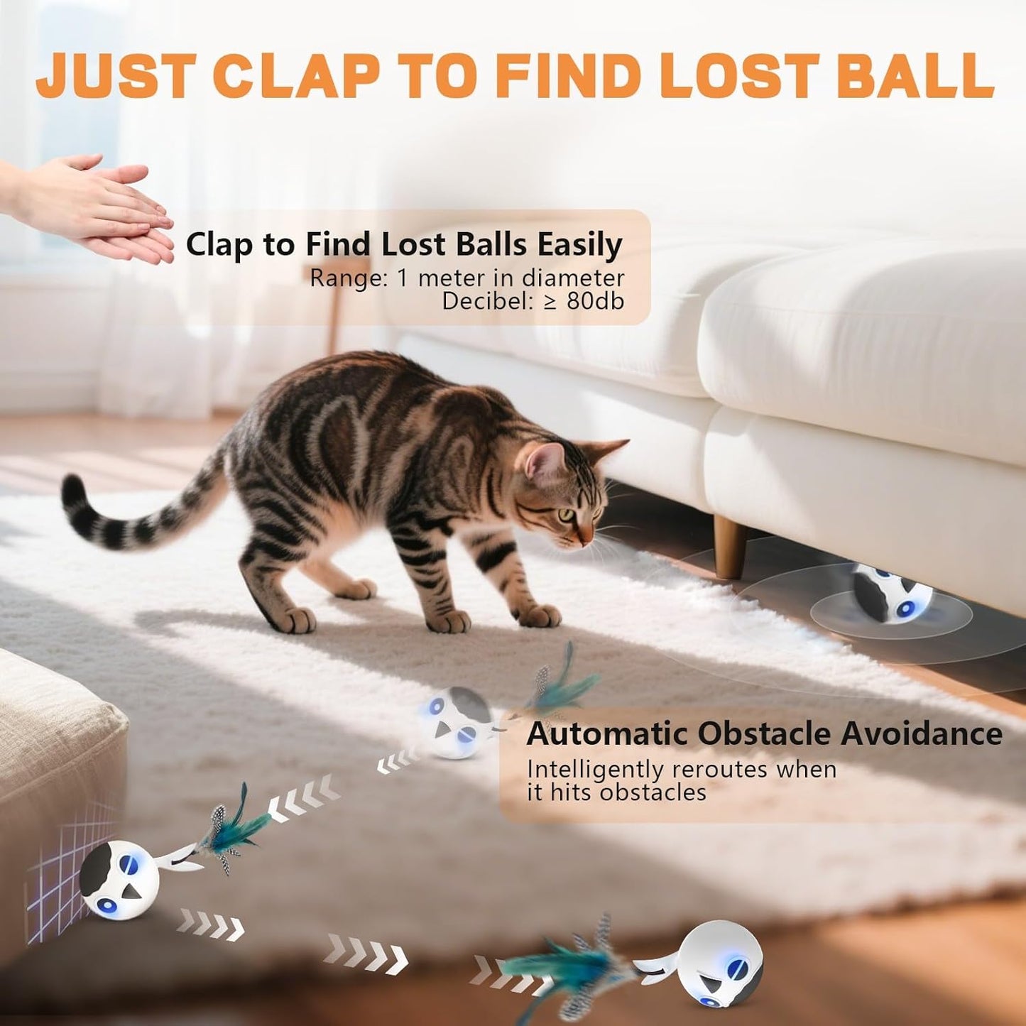 Cat Toys, Interactive Kitten Toys Indoor Cats, USB Rechargeable Electronic Smart Exercise Toy, Motion Activated Fast Moving Chirping Stimulating Light, 2 Feather Tails (White)
