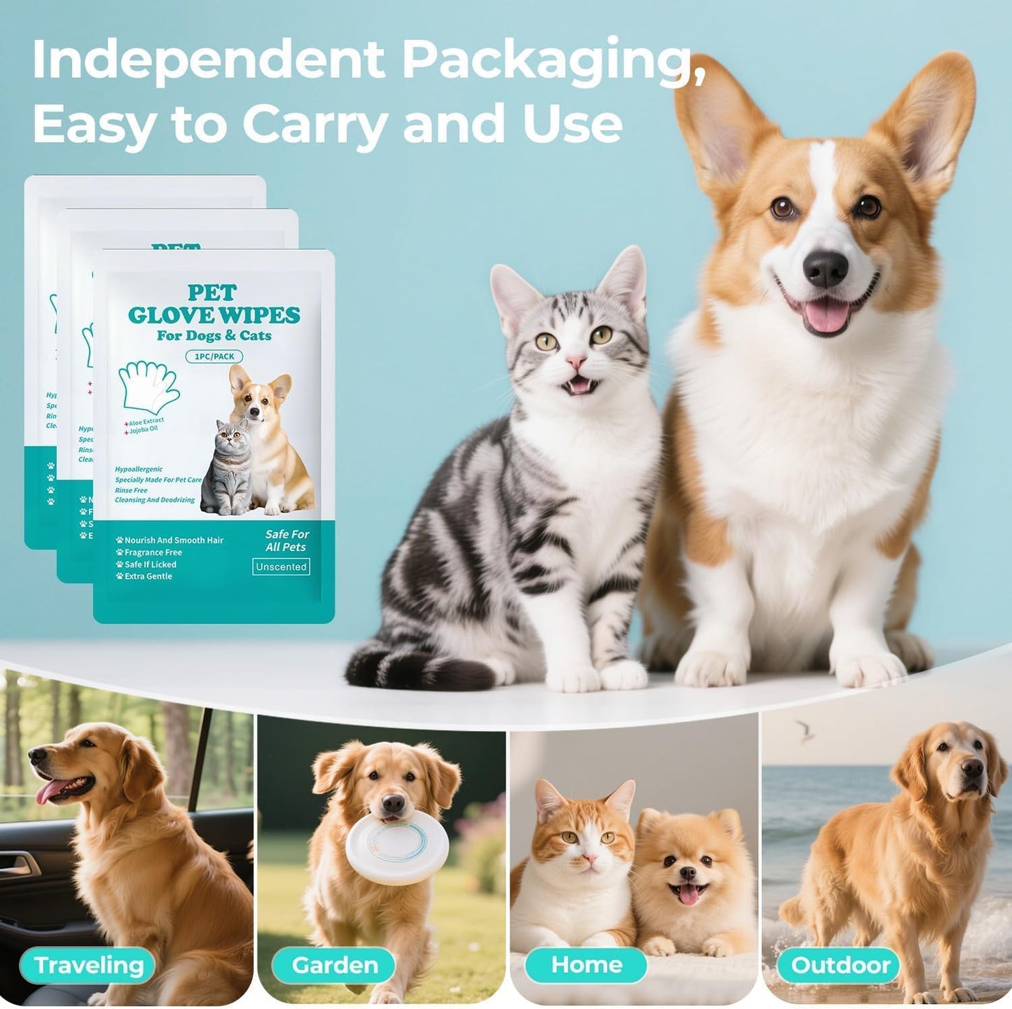 Pet Grooming Glove Wipes, 6-Pack (Individually Wrapped) - Disposable & Rinse-Free for Dogs and Cats, Unscented & Hypoallergenic - Thickened, Moisture-Rich Wipes for Cleaning, Deodorizing & Travel