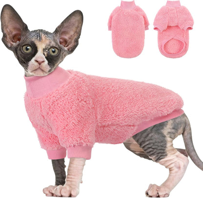 SUNFURA Sphynx Cat Sweater, Hairless Cats Turtleneck Pullover Kitten Sweaters for Cats Only, Warm and Soft Cat Pajamas Shirt with Sleeves Pet Winter Clothes Fleece Jumpsuit for Puppy, Pink S