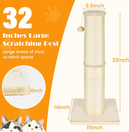 PAWSCRAT Cat Scratching Post 32" Tall, Large Diameter Natural Sisal Cat Scratch Post with Dangling Ball, Scratch-Resistant and Durable for Indoor Cats, Protect Your Furniture,Large/X-Large