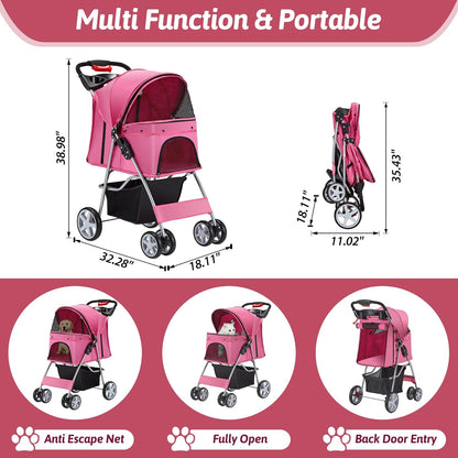 Pet Stroller, 4 Wheels Pet Strolling Cart for Medium/Small Dogs and Cats, Foldable Cat Jogger/Dog Stroller with Cup Holder, Storage Basket, Breathable Mesh, All-Season Pet Carrier, Pink