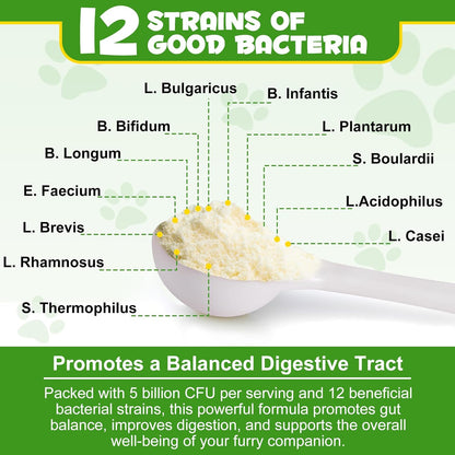 Probiotics for Dogs - Probiotic Powder with 5 Billion CFU & Prebiotics, 12-Strain Formula for Digestive Health & Diarrhea Relief, Vet-Recommended for Sensitive Stomach 4.23oz
