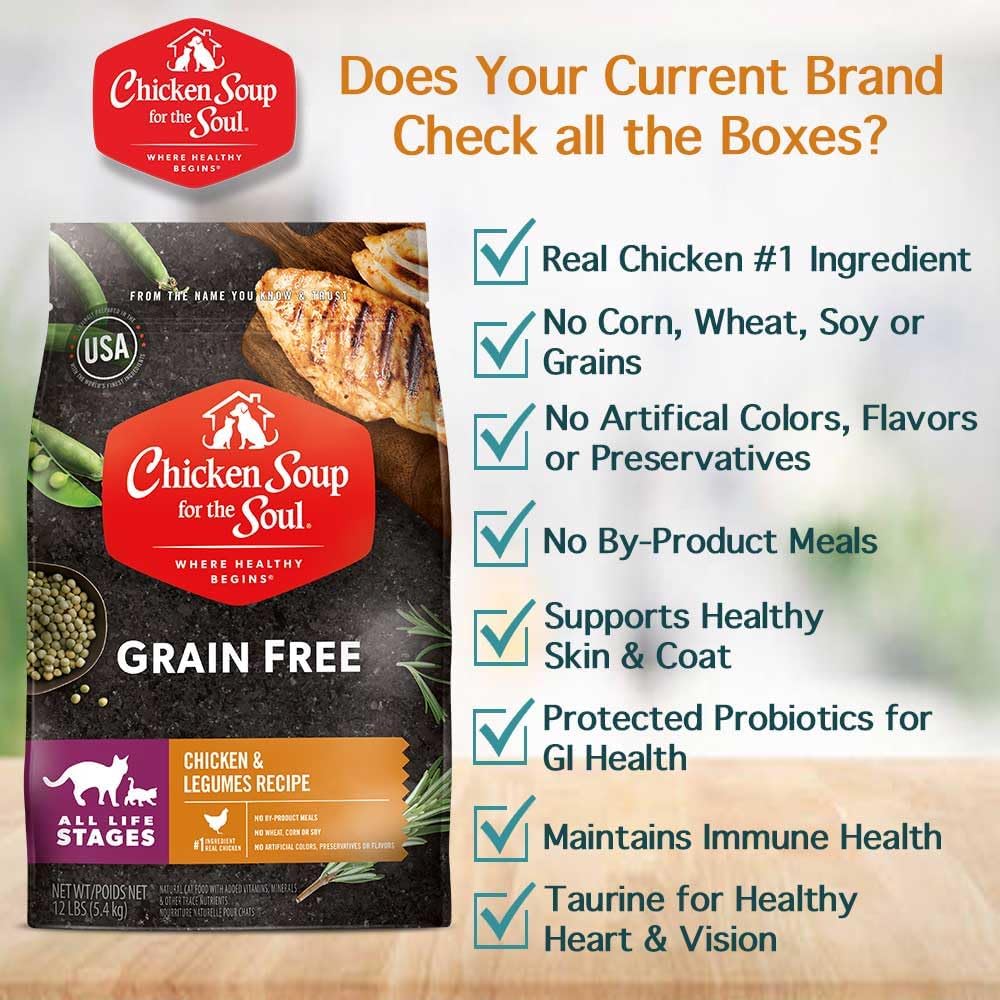 Chicken Soup for the Soul All Natural Premium Grain-Free All Life Stage Dry Cat Food, Real Meat First Ingredient, No By-Products, Supports Immune & GI Health, Chicken & Legumes, 4lb