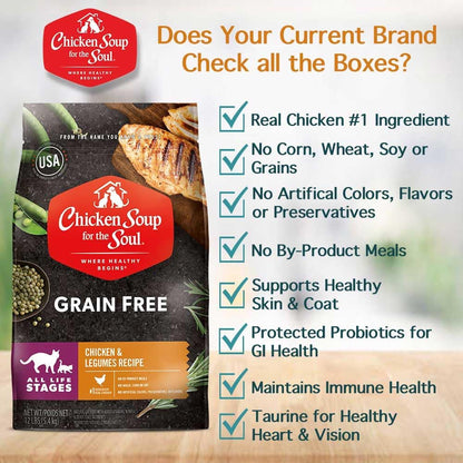 Chicken Soup for the Soul All Natural Premium Grain-Free All Life Stage Dry Cat Food, Real Meat First Ingredient, No By-Products, Supports Immune & GI Health, Chicken & Legumes, 4lb