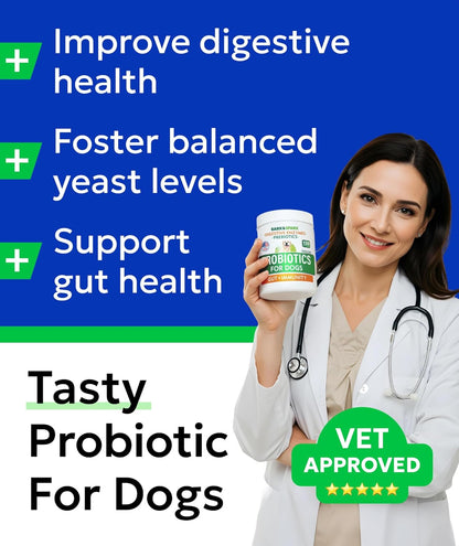 BARK&SPARK Probiotics for Dogs Digestive Health w/Enzymes - Diarrhea Gas Treatment Upset Stomach Relief - Allergy & Itchy Skin - Pet Dogs Probiotics - Digestion Supplement Treat (120Ct Chicken)
