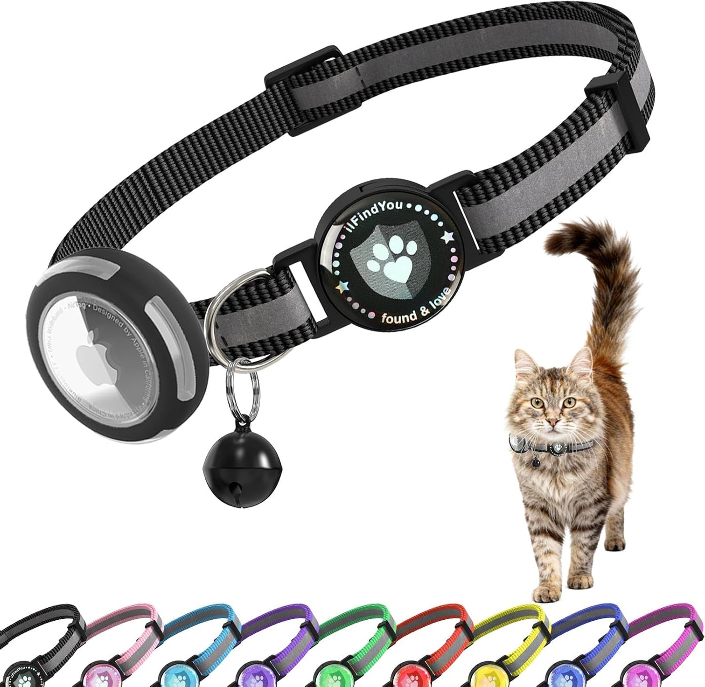 Airtag Cat Collar Breakaway, Reflective Cat Collars with Apple Airtag Holder, Adjustable Kitten Collar with Bells Black