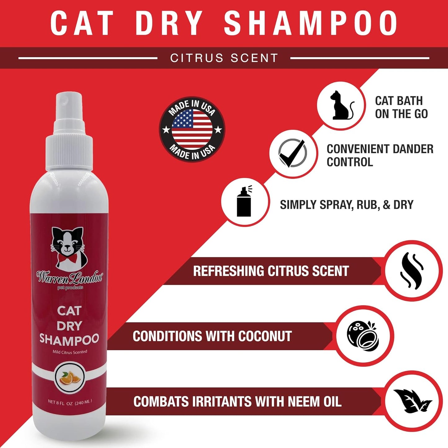Warren London Cat Dry Shampoo Spray – 8 oz No-Rinse Waterless Cleaner with Neem & Coconut | Mild Citrus Odor Control, Dander & Itch Relief | Quick On-The-Go Grooming | Soap-Free, Made in USA