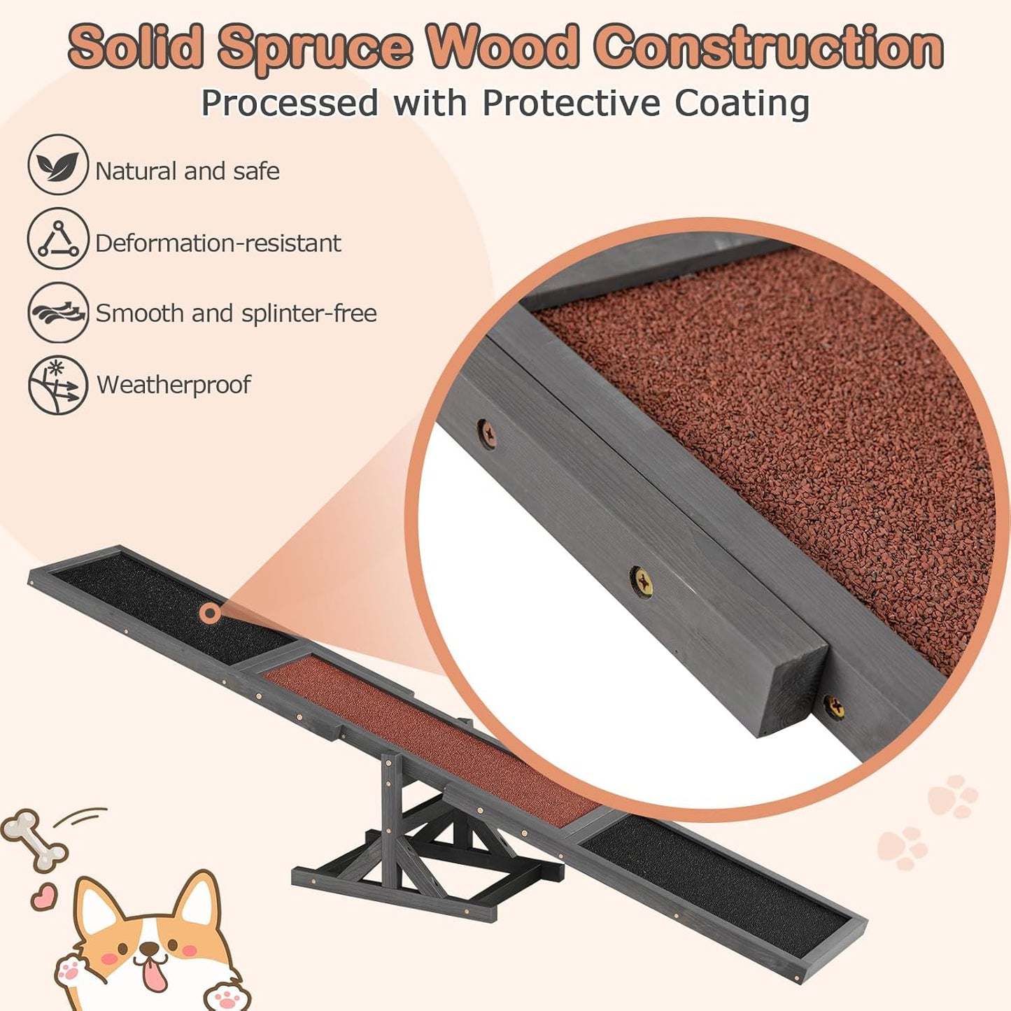 PETSITE Wooden Dog Agility Seesaw, Dog Exercise & Play Set, Outdoor Run Game Toy, Climbing Platform Balance Training Equipment, Weatherproof Pet Supplies for Backyard Obstacle Courses (Grey)