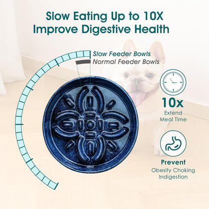 vancasso Ceramic Slow Feeder Dog Bowls, Puzzle Dog Food Bowls with Floral Maze, Anti -Slip Pet Food Dish for Small Breed, 0.6 Cups, Blue