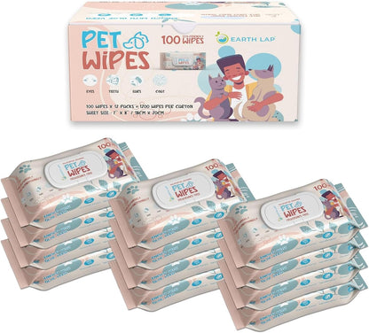 100% Biodegradable Premium Pet Wipes | Grooming Wet Wipes for Dogs, Cats, Puppies & Small Pets | Dry Bathing, Grooming Paws, Body, Ears and Butt, Fragrance-Free 1200 Count (100 * 12 Pack)