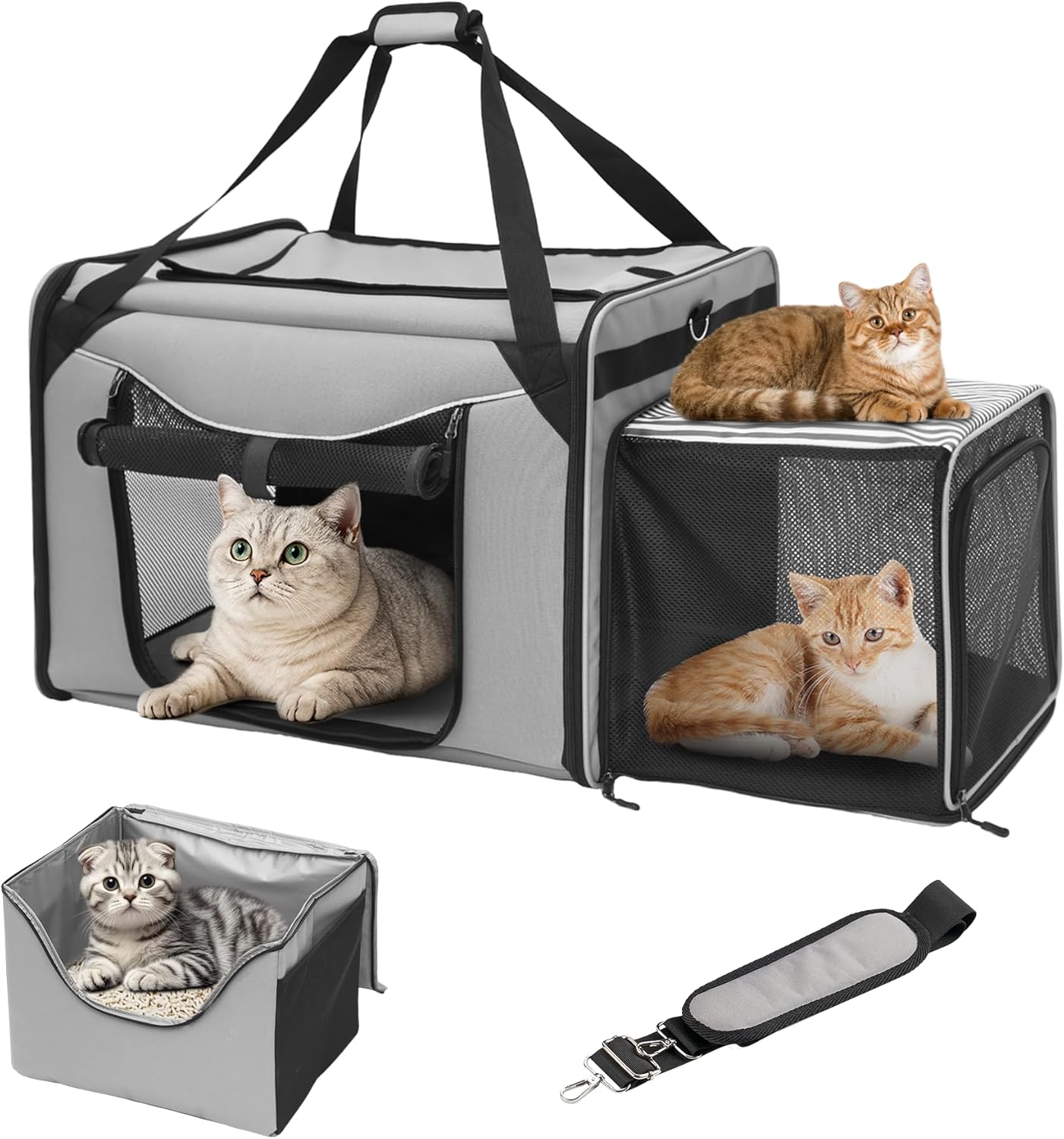 24"x17"x16" Extra Large cat Condo Enclosure with Litter Box, Collapsible Large Cat Travel Carrier for Car, Soft-Sided Expandable Large Cat Enclosures for Cats Under 30 lbs