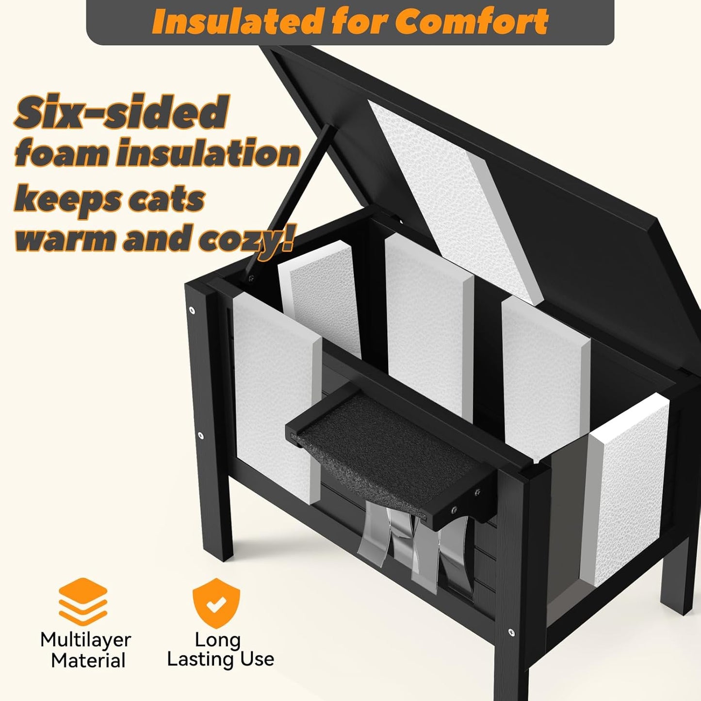 Weatherproof Outdoor Cat House, Feral Cat Shelter, 100% Insulated Foam, Solid Wood, Large Size for Multiple Cats, 24.8" L x 16.1" W x 18.9" H