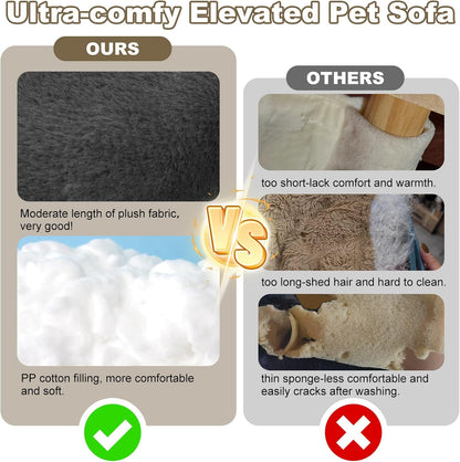 Elevated Cat Couch Bed for Indoor Cats - Wooden Pet Sofa with Removable Washable Thick Cover Raised Kitty Lounge Chair Suitable for Puppy or Small Animals(Cat Sofa Dark-Grey)