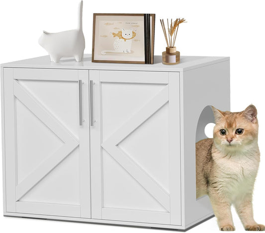 Cat Litter Box Enclosure, Farmhouse Rustic Wooden Cat Washroom Furniture with Barn Doors, Hidden Litter Box Cabinet End Table for Indoor Home, White