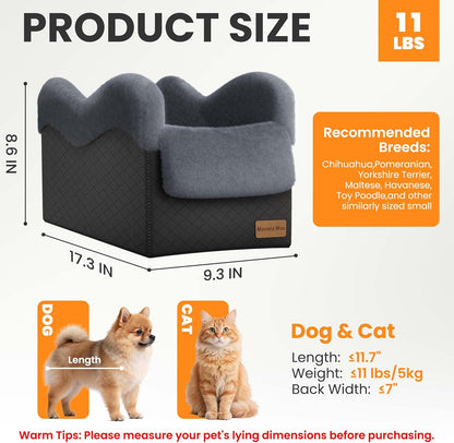 Portable Small Dog Seat for Car, Luxury Center Console Dog Car Seat Booster with Safety Tethers, Anti-Collapse Pet Travel Carseat for SUV, Truck (Black/Grey)