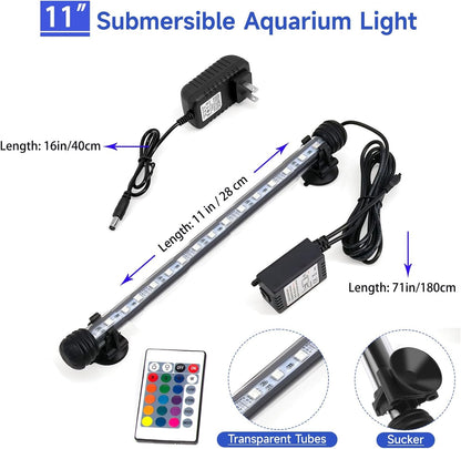 11inch RGB Aquarium Lights, Underwater Fish Tank Lights IP68 Waterproof Color Changing Adjustable Memory Submersible Remote Control Aquarium Tank Sucker Hood Strip Lamp Waterfall Lights