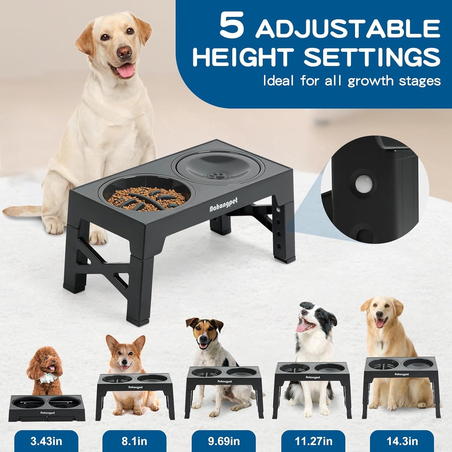 2-in-1 Elevated Slow Feeder Dog Bowls for Food and Water, 5 Heights Adjustable Raised Dog Bowls, Non-Slip, No Spill, for Small Medium Large Dogs and Cats(Grey)