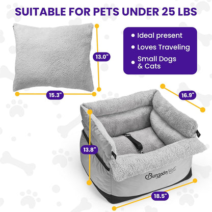 BurgeonNest Dog Car Seat for Small Dogs, Fully Detachable and Washable Cat Carseats Under 25 lbs, Soft Pet Booster Seats with Storage Pockets and Clip-On Leash Portable Car Travel Carrier Bed, Grey