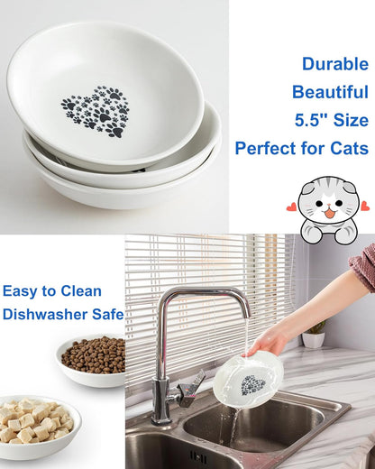 Ceramic Cat Food Bowl, Whisker Fatigue Cat Dishes for Food, Cute Ceramic Cats Bowl for Indoor Cats, 5.5" Flat Kitten Plates for Wet Food, Shallow Kitten Bowls Whisker Friendly