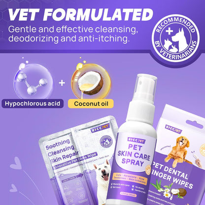 HICC PET Dogs Essential Clean & Care Kit - Pets Hot Spot Treatment & Itch Relief Spray + Cleaning Deodorizing Teeth and Body Wipes for Dogs and Cats - Great for Daily & Travel