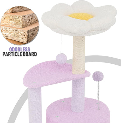 Flower Cat Tree with Scratching Post, Small Cat Tower for Indoor Cats, Cat Climbing Tower for Indoor Kittens Cat Tree Tower for Small Spaces, Cozy Condo & Plush Perches, 33" Purple