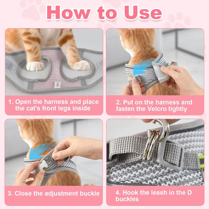 Escape Proof Cat Harness and Leash Set, Adorable Purple Floral Cats Vest Harness for Kittens Breathable Adjustable Step-in Cat Walking Harness with Reflective Strip for Outdoor Walking Travel