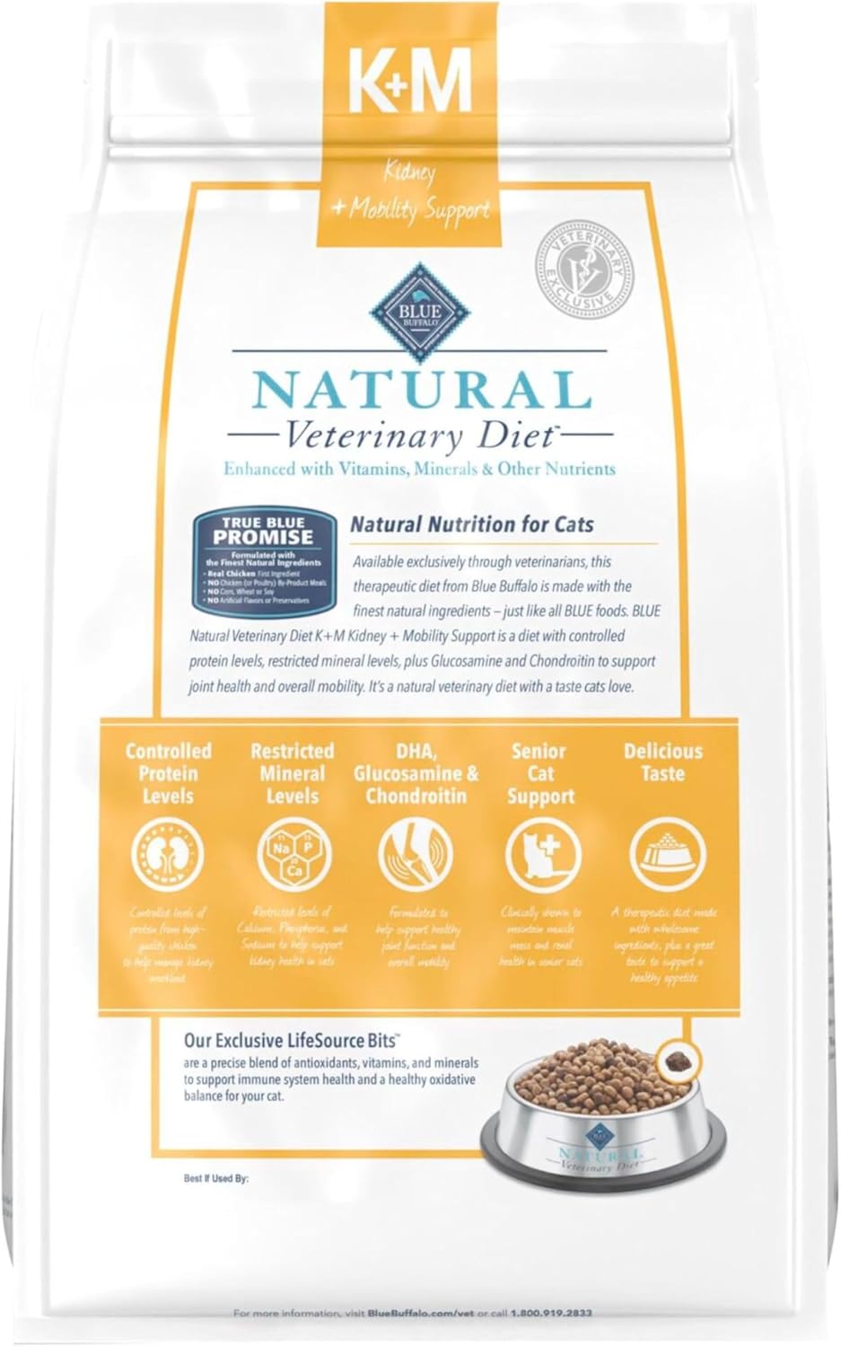 Blue Buffalo Natural Veterinary Diet K+M Kidney + Mobility Support Dry Cat Food, Chicken 7-Lb Bag