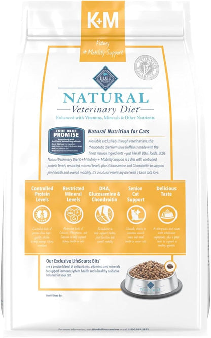 Blue Buffalo Natural Veterinary Diet K+M Kidney + Mobility Support Dry Cat Food, Chicken 7-Lb Bag