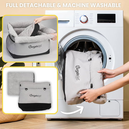 BurgeonNest Dog Car Seat for Small Dogs, Fully Detachable and Washable Cat Carseats Under 25 lbs, Soft Pet Booster Seats with Storage Pockets and Clip-On Leash Portable Car Travel Carrier Bed, Grey