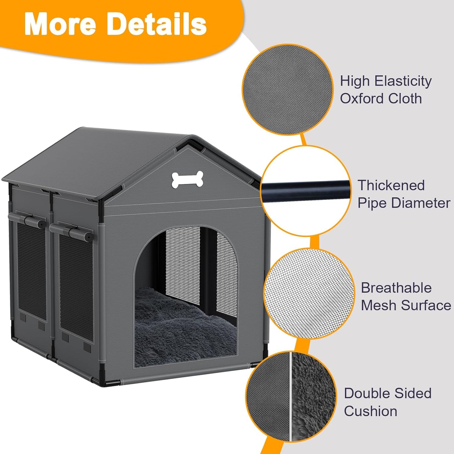 Extra Large Dog House Indoor with Plush Cushion, Dog Kennel for Inside with Sturdy Frame, Waterproof Pet House Suitable for Medium Large Dogs, 34x27x34in, Gray