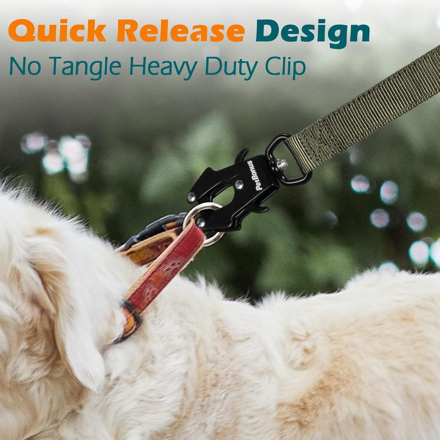 PetBonus Heavy Duty Tactical Dog Leash, 5 FT Bungee Shock Absorption Leash and Dog Collar Safety Clip