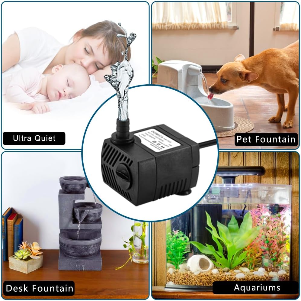 90 GPH Mini Submersible Pump, Small Fountain Pump (5W 350L/H) for water feature, Aquariums, Fish Tank, Tabletop Fountain, Pet Fountain, Indoor or Outdoor Pond Fountain