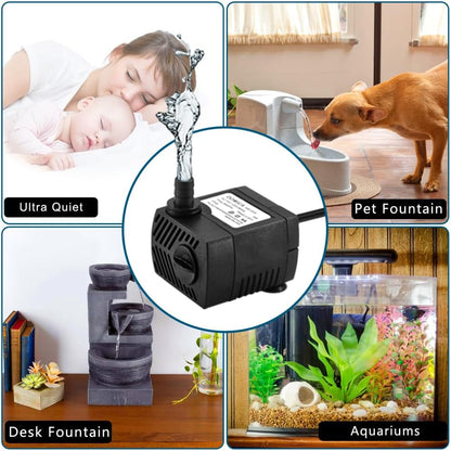 90 GPH Mini Submersible Pump, Small Fountain Pump (5W 350L/H) for water feature, Aquariums, Fish Tank, Tabletop Fountain, Pet Fountain, Indoor or Outdoor Pond Fountain