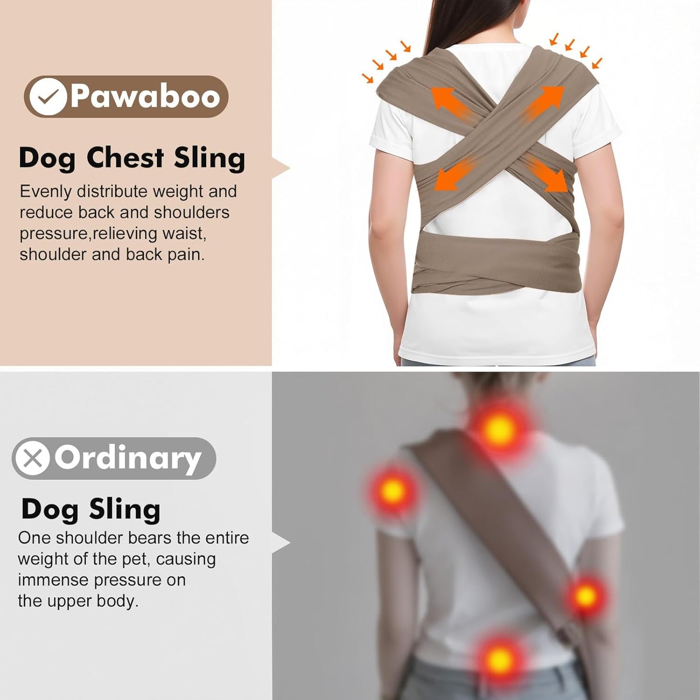 Pawaboo Pet Sling Carrier for Small Dogs and Cats, Hands Free Dog Carriers Sling, Anti-Anxious Soft Cotton Front Facing Cat Carrier Papoose, Puppy Kitten Pouch Reduce Back Neck Pain, Brown