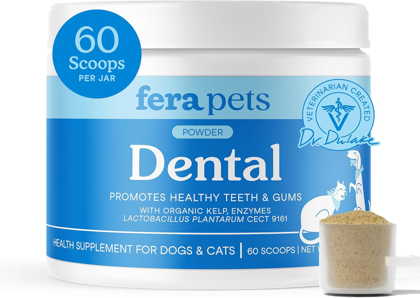 Fera Pets Cat & Dog Dental Support Powder - Supports Fresh Breath - Promotes Healthy Teeth and Gums - Targets Tartar Build-Up - Includes Kelp, Enzymes & Postbiotics - 60 Scoops