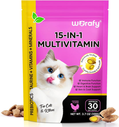 Cat Vitamins Chews, 15 in 1 Cat Multivitamin Treats for Health, Immune, Joint Support, Skin & Coat, & Digestion, Vitamins with Taurine, Omega-3s & Probiotics, Chicken (30 Day Supply)
