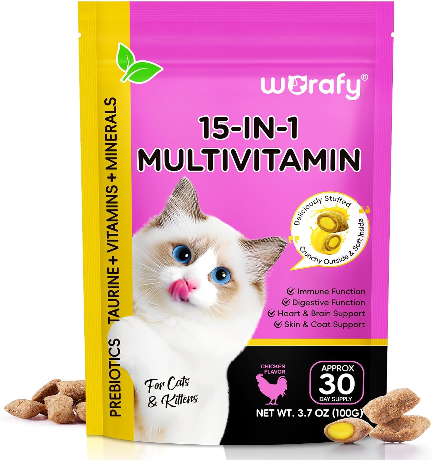 Cat Vitamins Chews, 15 in 1 Cat Multivitamin Treats for Health, Immune, Joint Support, Skin & Coat, & Digestion, Vitamins with Taurine, Omega-3s & Probiotics, Chicken (30 Day Supply)