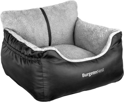 BurgeonNest Dog Car Seat for Small Dogs, Soft Pet Car Travel Home Bed Under 25 lbs, Fully Detachable and Washable Cat Booster Carseats with Storage Pockets and Clip-On Leash Portable Carrier,Black
