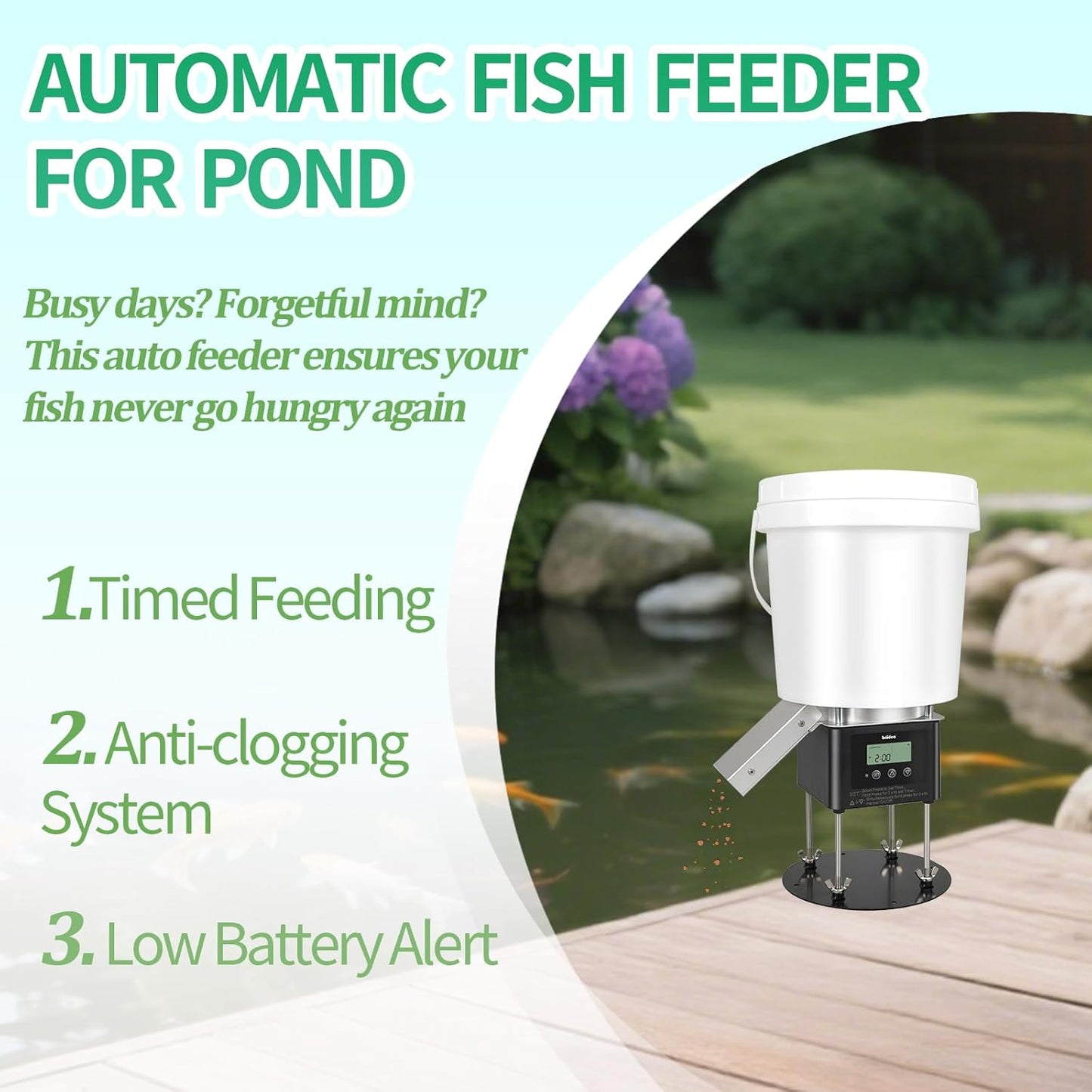 Automatic Fish Feeder for Pond, Briidea Outdoor Pond Feeder with 4L Capacity, Timed Feeding, Anti Clog System, Wildlife - Proof Design & Waterproof Housing