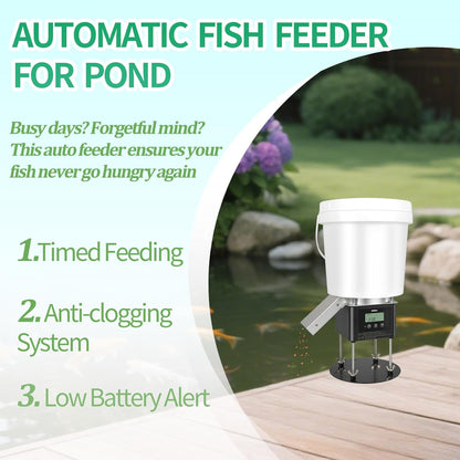 Automatic Fish Feeder for Pond, Briidea Outdoor Pond Feeder with 4L Capacity, Timed Feeding, Anti Clog System, Wildlife - Proof Design & Waterproof Housing