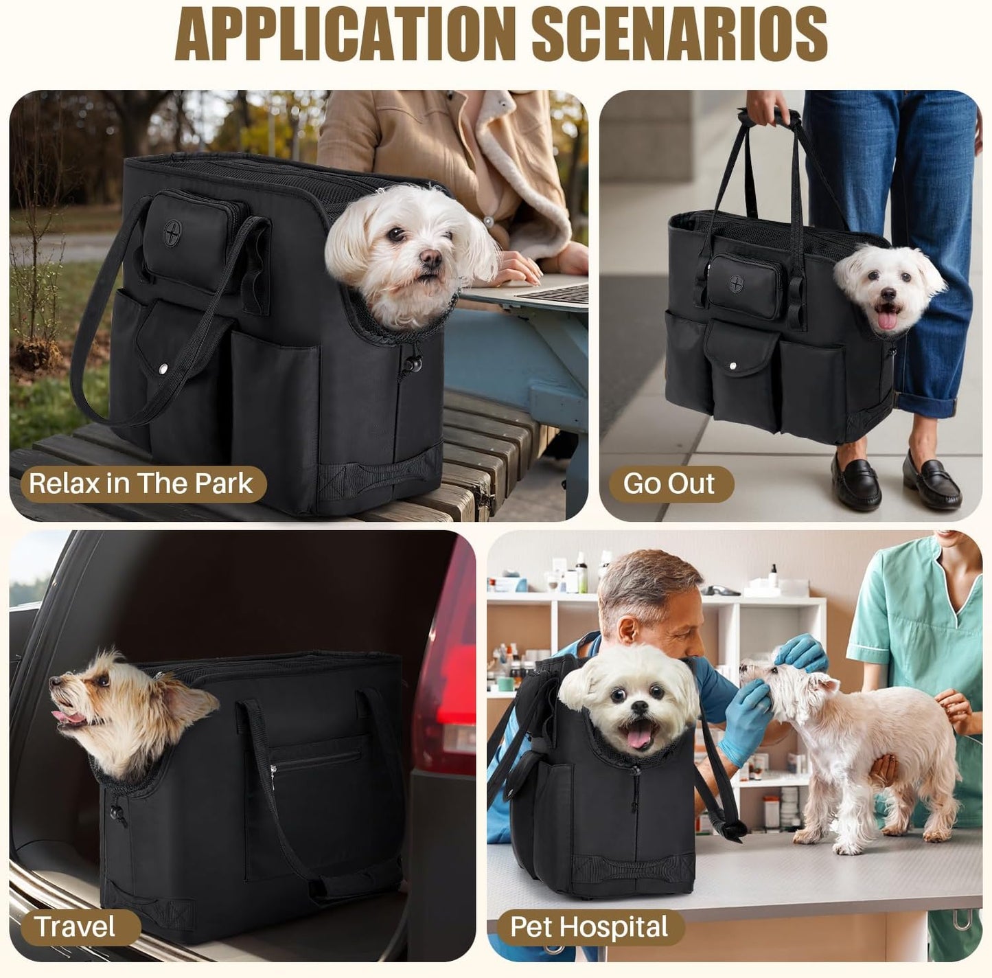 SlowTon Dog Purse Carrier - Portable Dog Carrier with Pockets & Safety Leash for Small Dogs Under 12 lbs, Breathable Pet Tote Bag for Cat Rabbit Outing, Travel, Vet (Black)