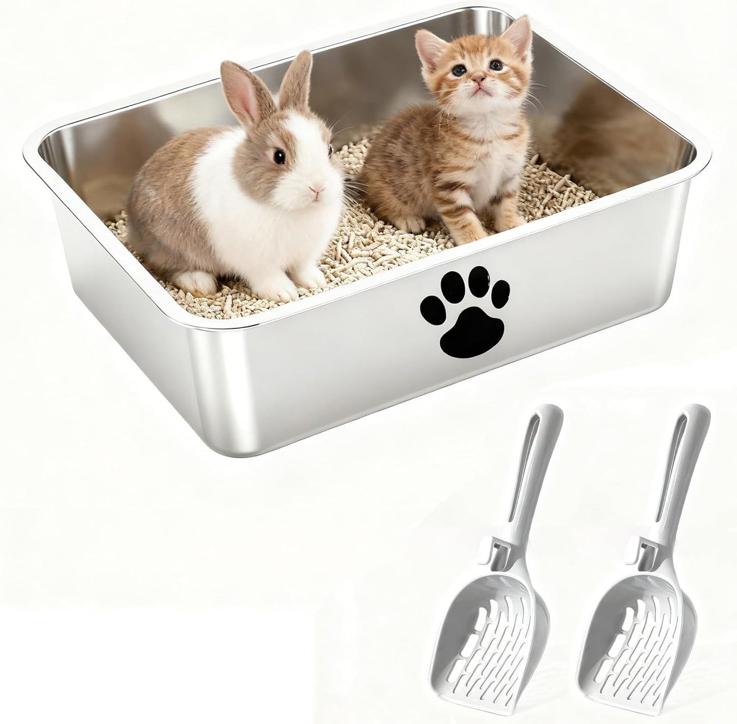 Stainless Steel Cat Litter Box with Cat Litter Scoop, Small Metal Kitten Litter Pan, Indoor Litter Tray Pet Toilet Supplies for Kitty,Rabbits,Guinea Pigs,Ferrets,Easy to Clean