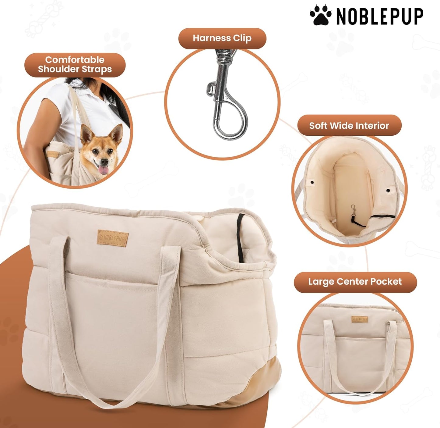 NoblePup Cozy Plush Dog Purse Carrier for Small Dogs - Dog Carrier Purse with Secure Harness Clip, Dog Tote Bag for Small Dogs and Puppies - White 2.0