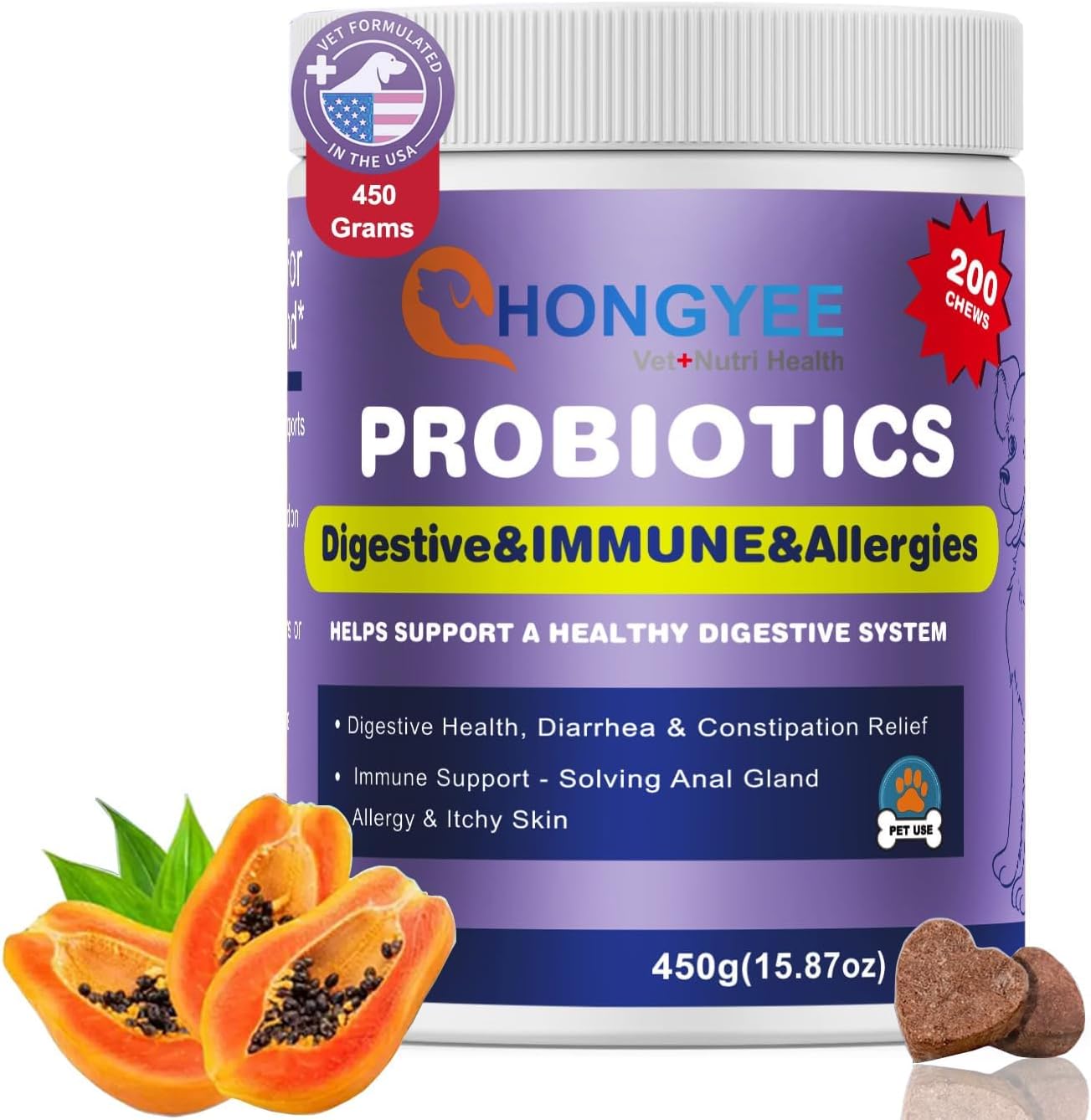 Dog Probiotics & Enzymes 200 Chews with Papaya | Pumpkin | Krill oi, for Dogs & Cats Gut Health | No Poop Odor | Constipation | Diarrhea | Relieve Anal Gland Relief | Digestive | Immune -Vet Approved