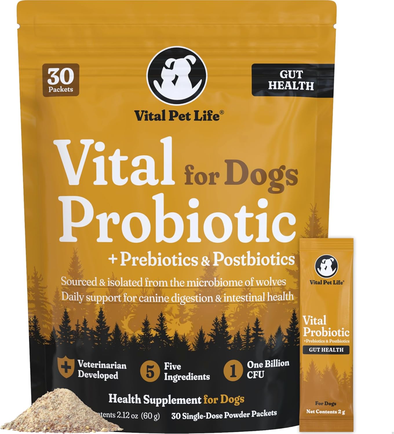Vital Probiotics for Dogs - Wolf Microbiome, Daily Digestive Health, Dog Probiotics for Digestive Health, Powder Probiotic Supplement, Prebiotics & Postbiotics, Veterinarian Developed, 30 Packets