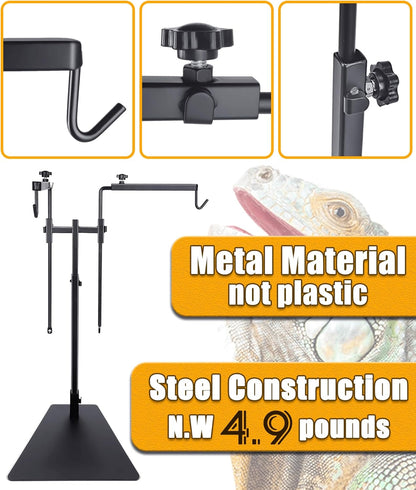 Dual Reptile Heat Lamp Stand for Light Fixtures - Adjustable Height 14.4"-36.2" Metal Holder - Floor Light Stand for Terrarium & Tank - Heating Light Bracket for Fixing Reptile Lamp Fixtures