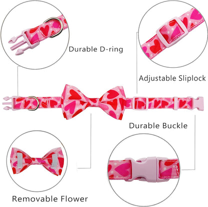 Valentine Dog Collar with Bow Tie, Holiday Quick-Release Red and Pink Heart with White Polka Dots Pattern for Small Medium Large Pets Puppies