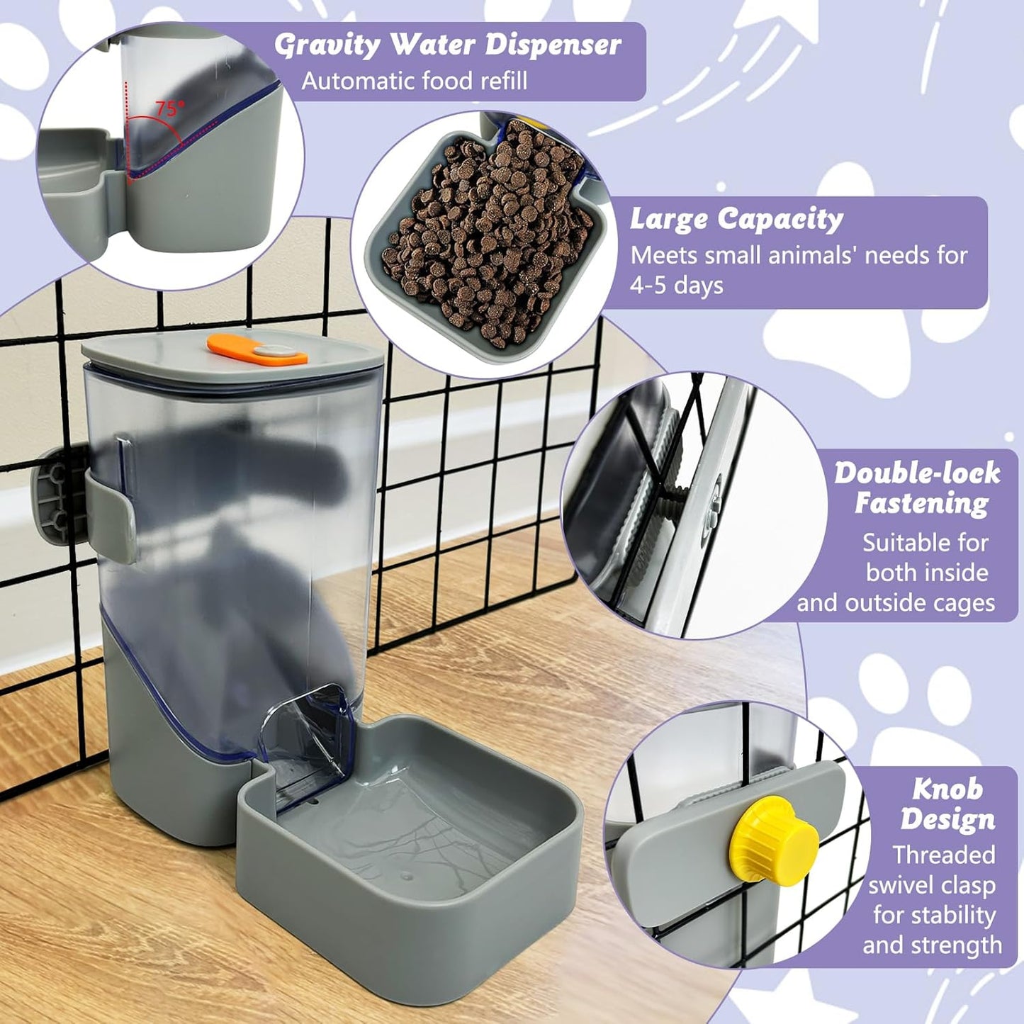 34oz Automatic Rabbit Food Dispenser for Cage Hanging Guinea Pig Feeder No Drip Bunny Food Bowl for Ferret Rat Hamster Chinchilla and Other Small Animals (Gray)