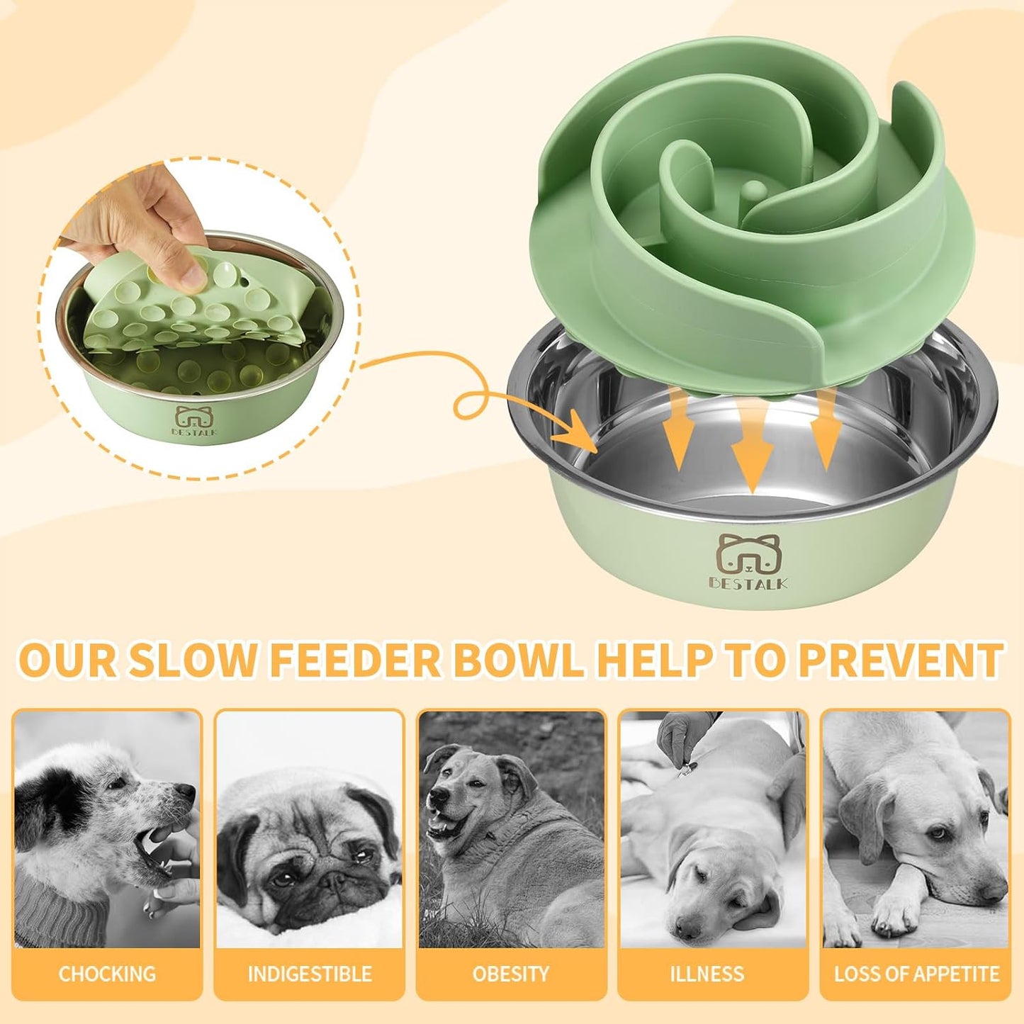 2-in-1 Metal Slow Feeder Dog Bowl, Bestalk Stainless Steel Dog Bowls with Silicone Slow Feeder Insert, Food Grade 304 Water Food Bowl with Anti-Slip Base for Small, Medium, Large Dogs